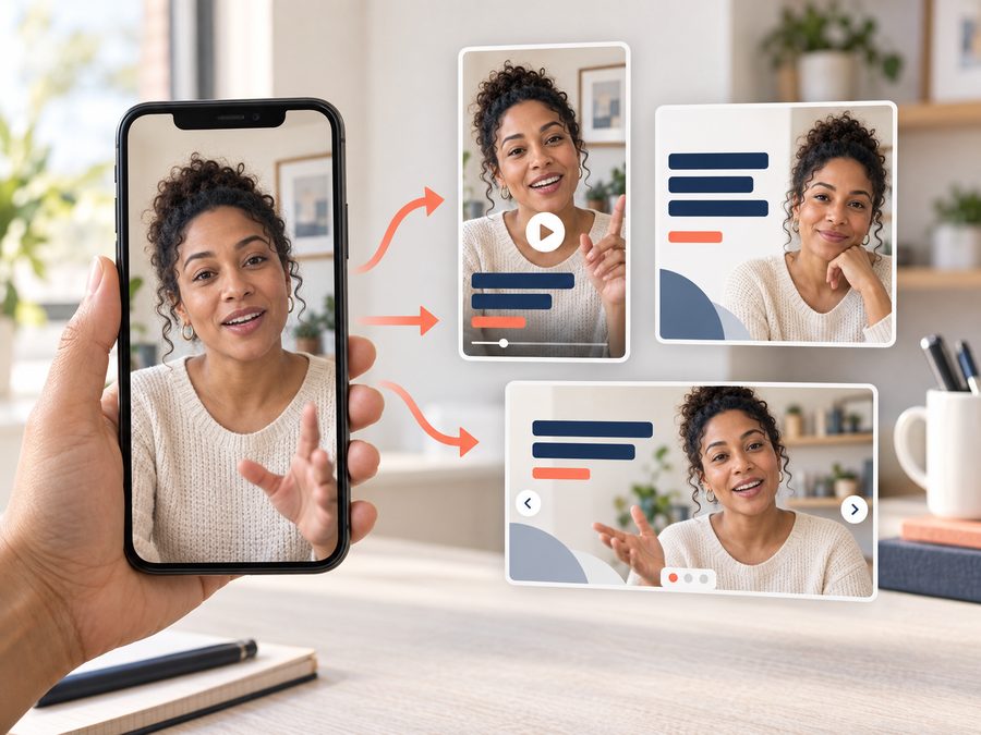 A person filming a video on their phone, which becomes three different social media post formats: a vertical video, a quote card, and a carousel post.