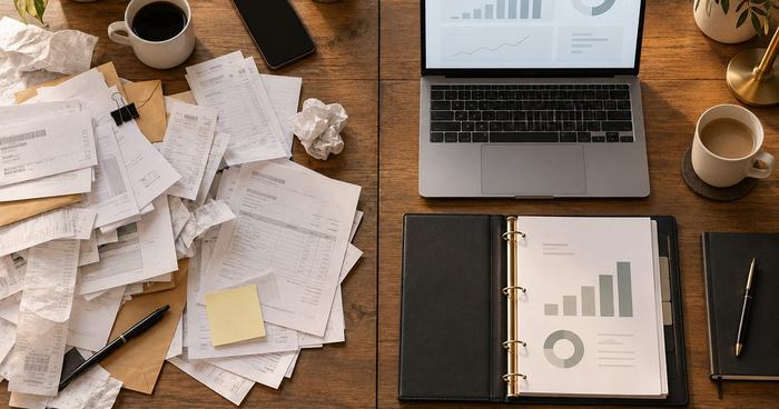 Split desk photo: a chaotic pile of receipts and invoices next to a clean laptop dashboard and organized financial binder.