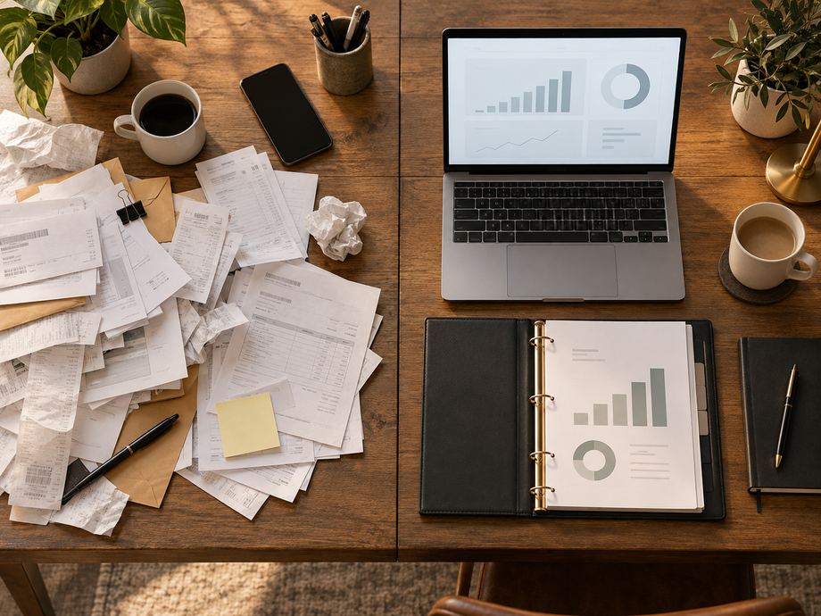 A desk split between a messy pile of receipts and invoices on one side and a clean laptop dashboard with an organized financial binder on the other.
