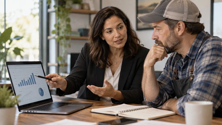 An advisor pointing at a laptop chart while explaining cash flow to a small business owner in work apparel.