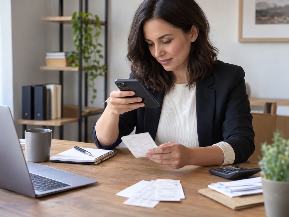 A bookkeeper photographing a receipt with her phone at her desk.