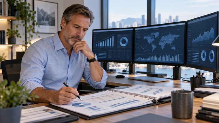 A CFO reviewing a bound financial report at a desk with multiple monitors showing dashboards in the background.