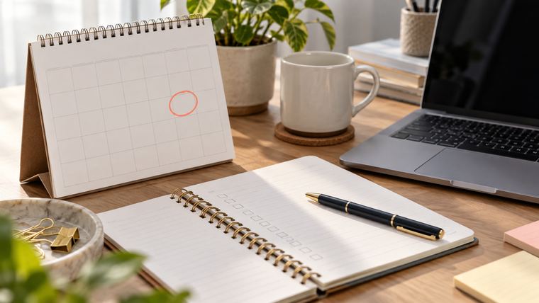 A desk calendar with a date circled in red next to an open notebook and laptop.
