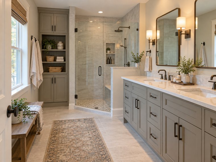 A finished primary bathroom renovation with a glass walk-in shower, double vanity, and built-in linen storage.