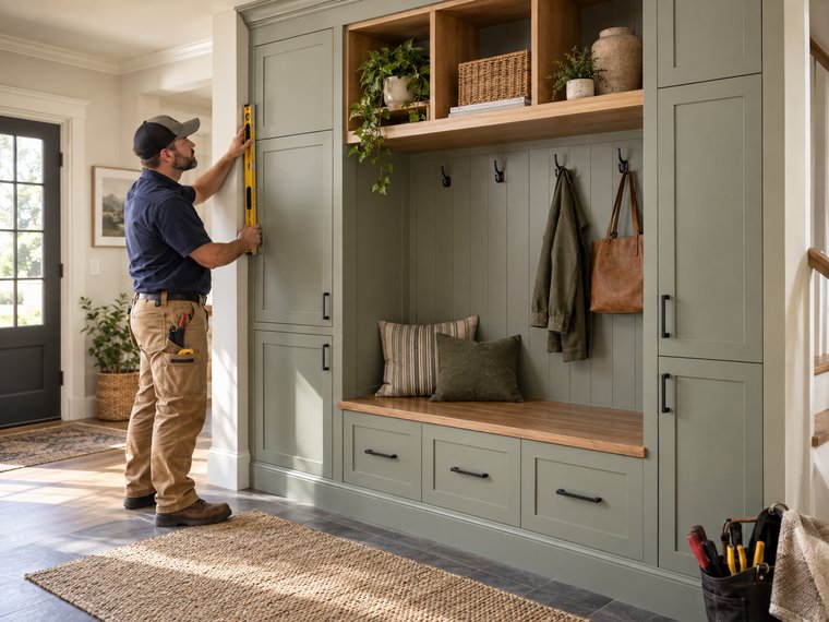 A contractor using a level to check a built-in mudroom cabinet installation.