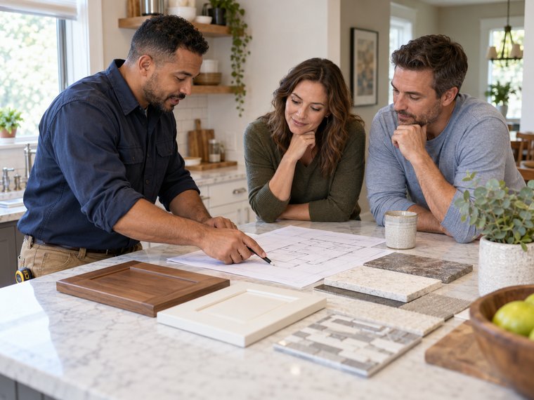 A contractor reviewing floor plans and material samples with a homeowner couple at a kitchen island.