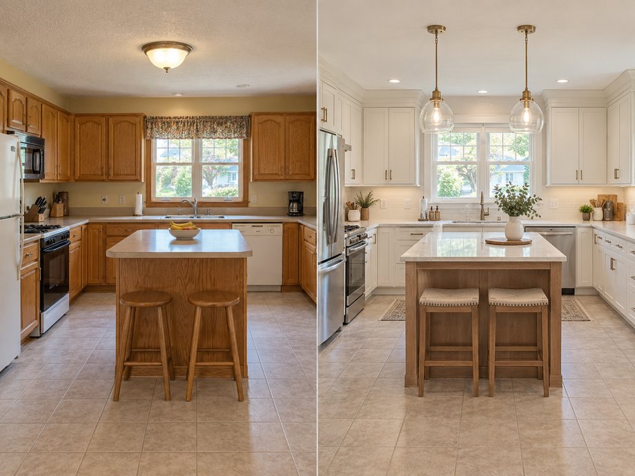 Split view of a kitchen renovation: the outdated original kitchen on the left, and the completed remodel with white cabinetry and pendant lighting on the right.