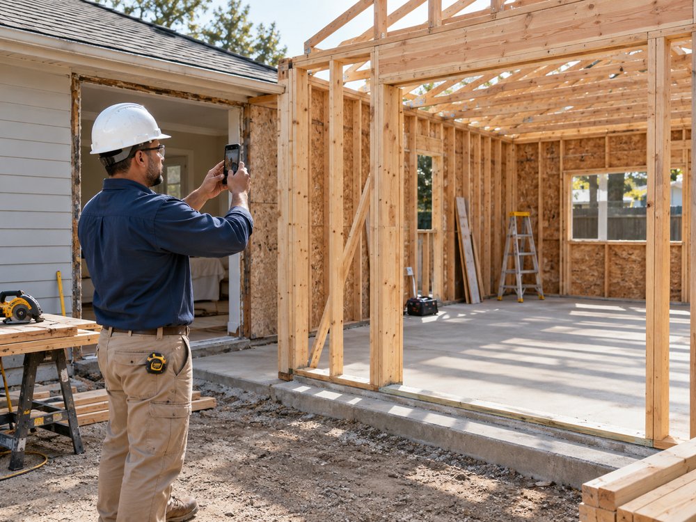 A contractor in a hard hat photographing framing progress on a home addition with his phone.