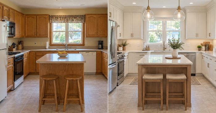 Split view of a kitchen renovation: the outdated original kitchen on the left, and the completed remodel with white cabinetry and pendant lighting on the right.