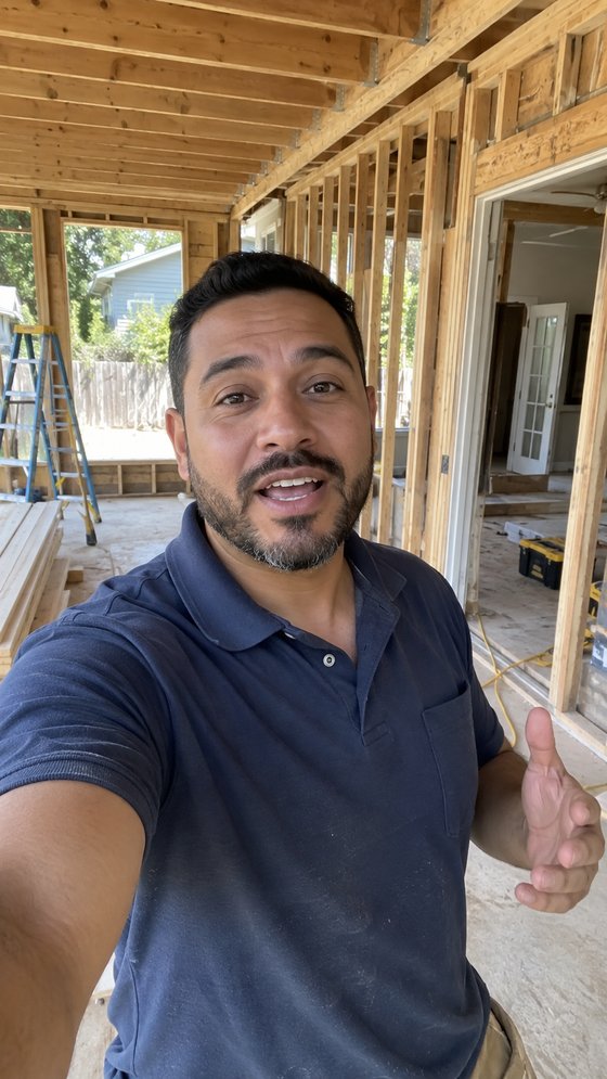 Raw, unedited phone video frame of a contractor giving a project update inside a framed home addition.