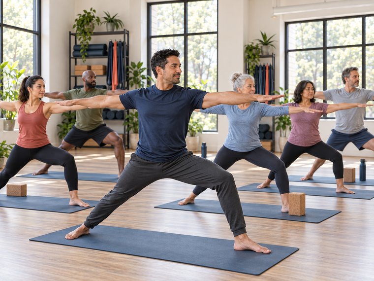 A group fitness class holding warrior II pose, led by an instructor in a bright studio.