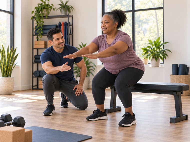 A personal trainer coaching a client through proper squat form one-on-one.
