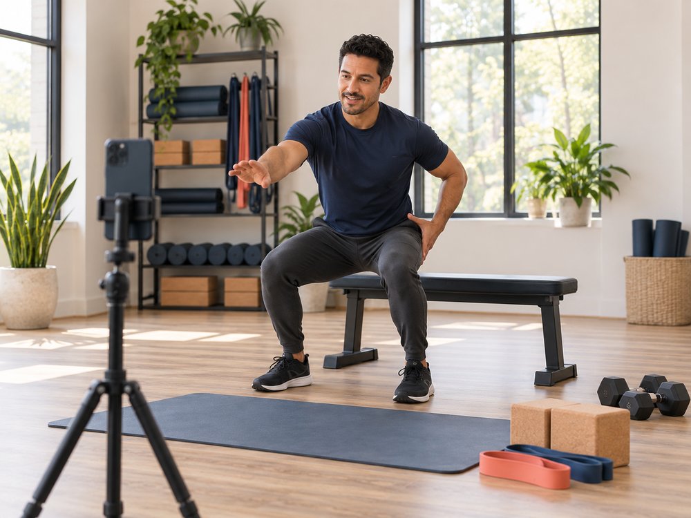 A fitness instructor recording an exercise demonstration on his phone, set up on a tripod in the studio.