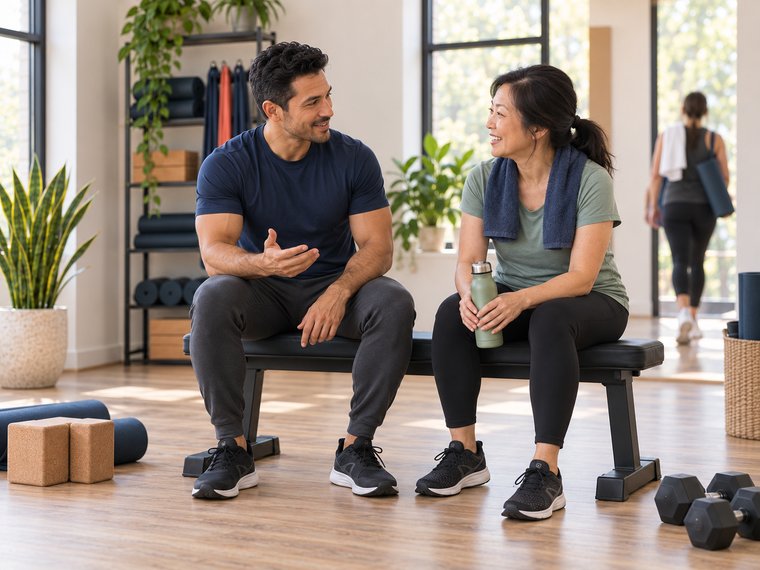 A personal trainer chatting with a client on a bench after a workout.