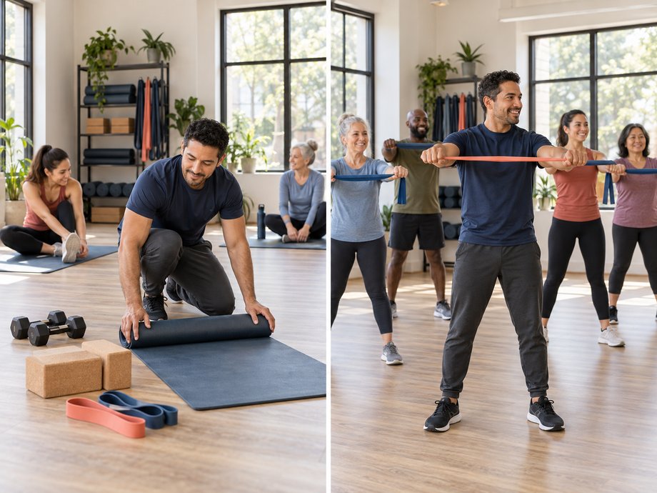 Split view of a fitness studio: an instructor preparing the space before class on the left, and the same studio filled with a group class in motion on the right.