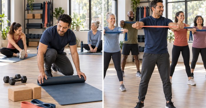 Split view of a fitness studio: an instructor preparing the space before class on the left, and the same studio filled with a group class in motion on the right.