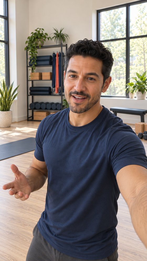 Raw, unedited phone video frame of a fitness instructor introducing a class from the studio floor.
