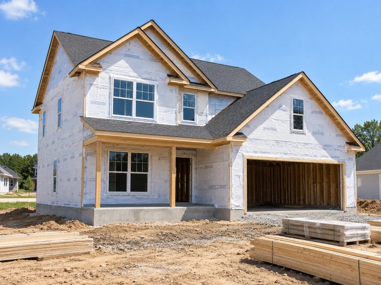 A new home reaching the dried-in construction milestone, wrapped and framed with the roof complete.