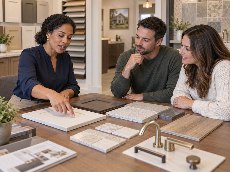 A designer showing cabinetry, countertop, and tile samples to a buyer couple in a design center.