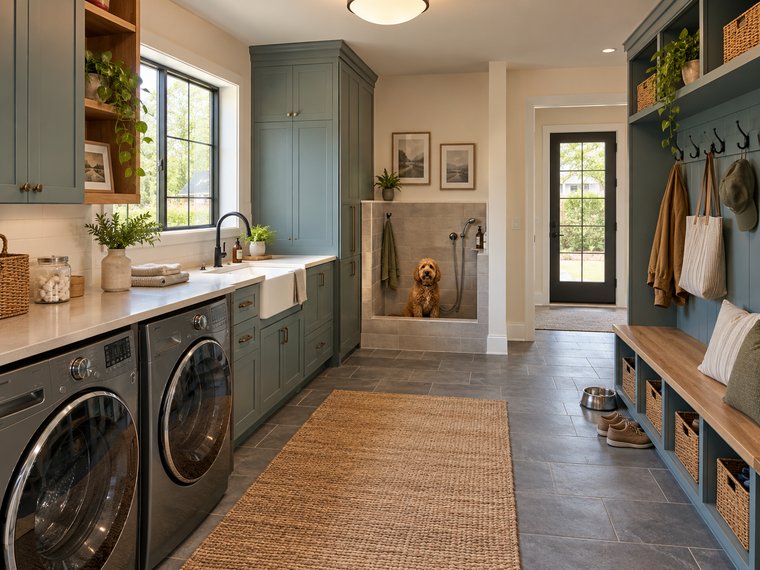 A finished mudroom and laundry room with built-in storage, a bench, and a dog-wash station.