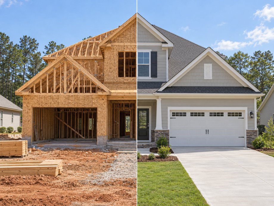 Split view of a new home: framed construction on the left, and the same home completed with siding, roofing, and landscaping on the right.