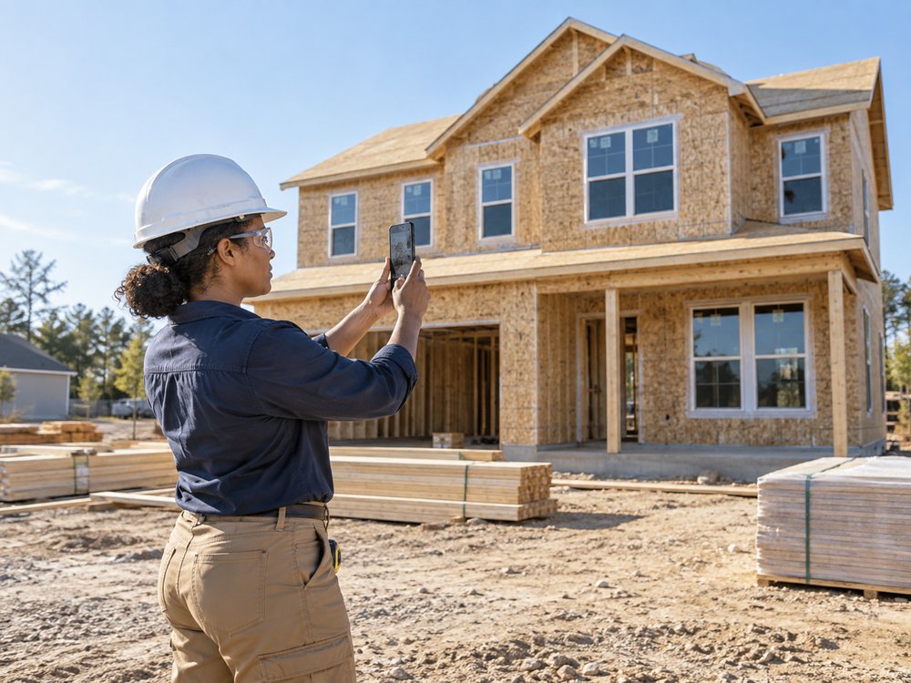 A builder in a hard hat photographing a framed home under construction with her phone.