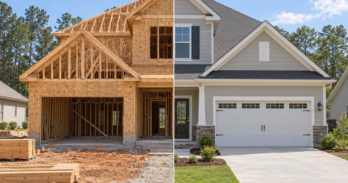 Split view of a new home: framed construction on the left, and the same home completed with siding, roofing, and landscaping on the right.