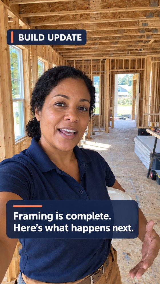 The same clip after Upriff editing, with a branded ‘Build Update’ title card and the caption ‘Framing is complete. Here’s what happens next.’ added.