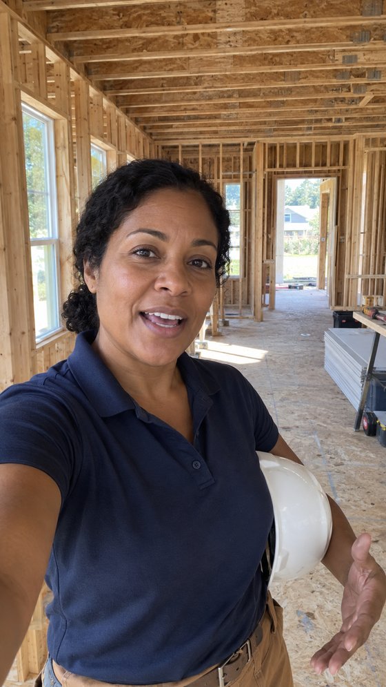 Raw, unedited phone video frame of a builder giving a project update inside a framed home.