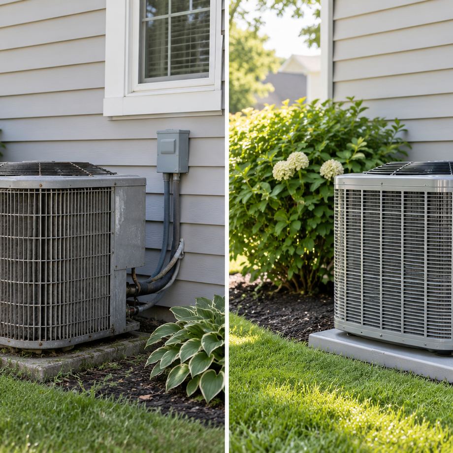 Side-by-side comparison of an aging, dust-covered outdoor condenser unit next to a clean, newly installed condenser at the same home.