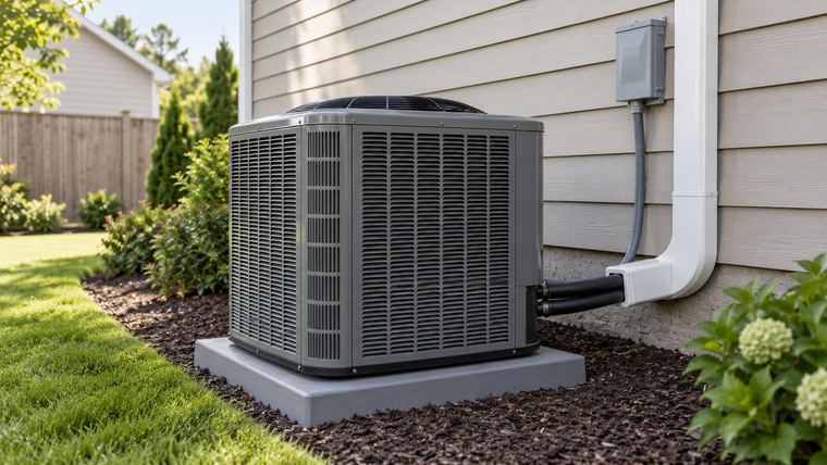 A newly installed outdoor condenser unit on a concrete pad beside a landscaped home.