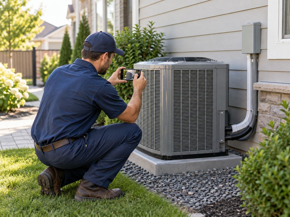 An HVAC technician crouching to photograph an outdoor condenser unit with his phone.