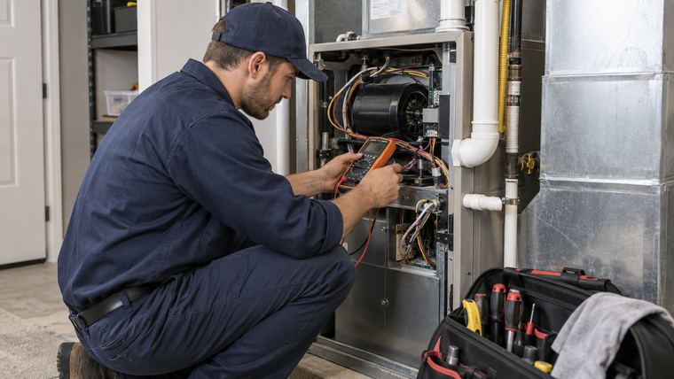 An HVAC technician using a multimeter to diagnose a furnace's electrical components.