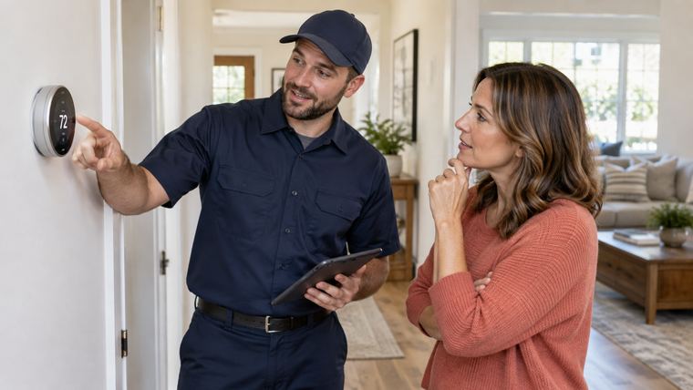 An HVAC technician pointing at a smart thermostat while explaining a setting to a homeowner.