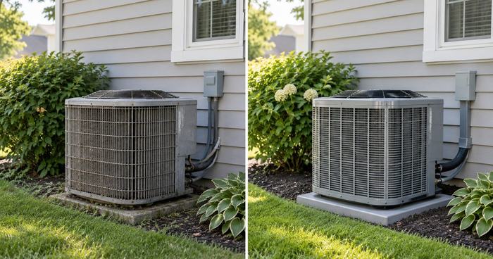 Side-by-side comparison of an aging, worn outdoor condenser unit next to a clean, newly installed one.