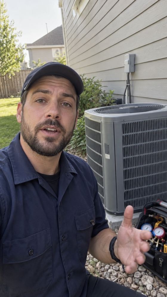 Raw, unedited phone video frame of an HVAC technician giving a service call update beside an outdoor condenser unit.