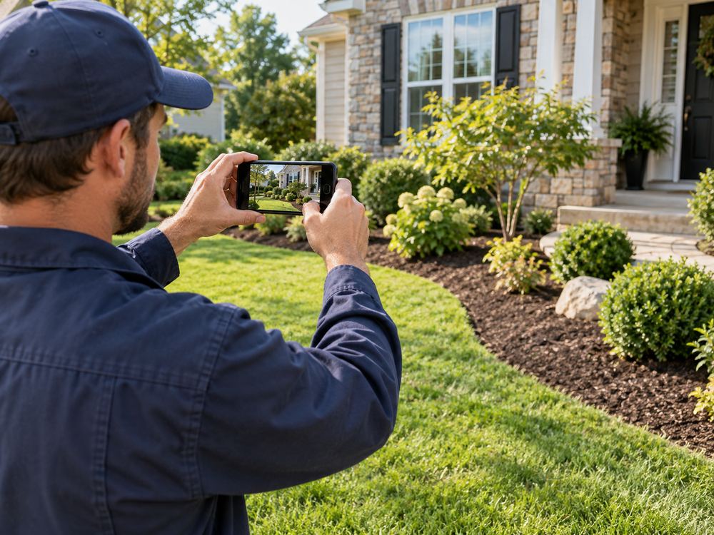 A landscaper photographing a freshly finished front yard with his phone.