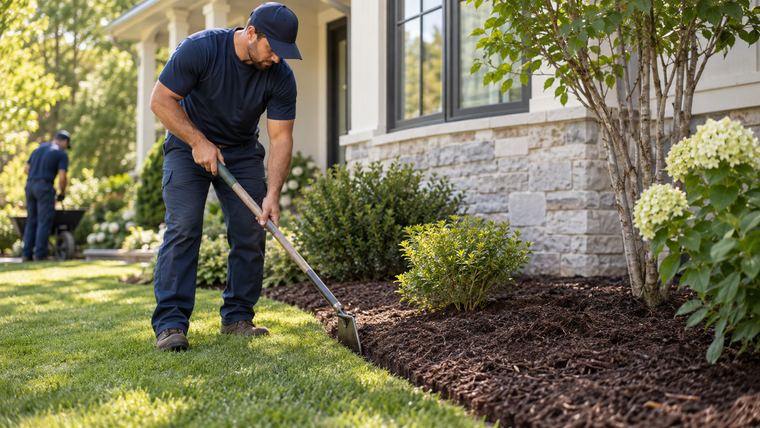 A landscaping crew member spreading fresh mulch around a garden bed while a teammate works in the background.