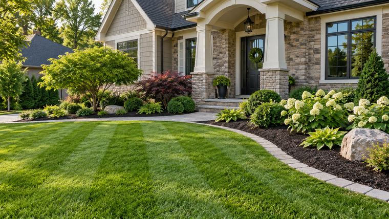 A finished front-yard landscape with a striped mowed lawn, mulched garden beds, hydrangeas, and manicured shrubs.