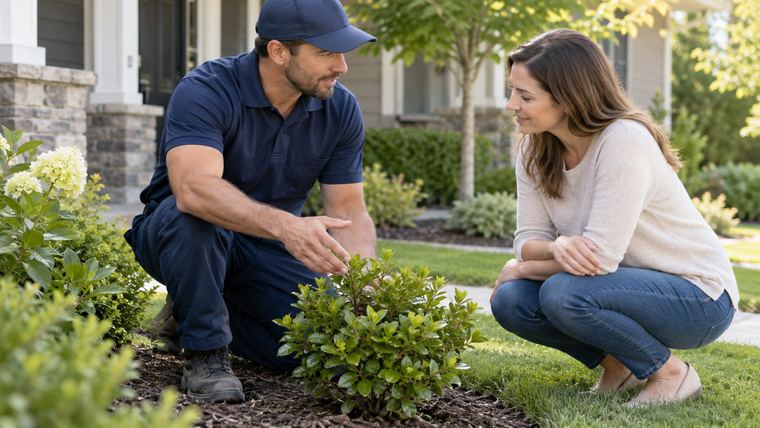 A landscaper crouching with a homeowner to look at a newly planted shrub in a garden bed.
