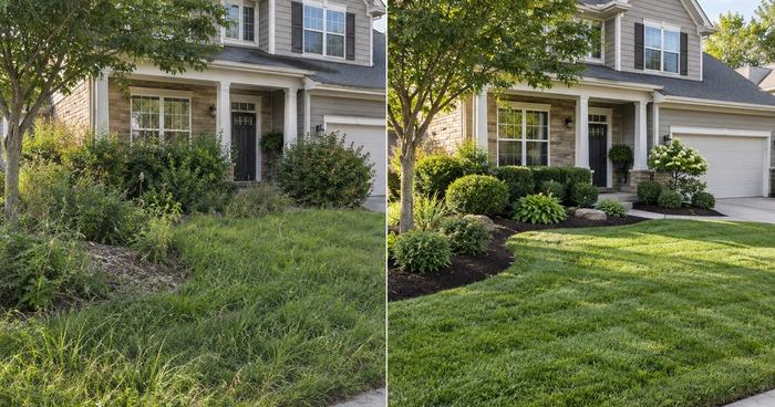 Side-by-side comparison of an overgrown, weedy front yard next to the same yard transformed with a manicured lawn and mulched garden beds.