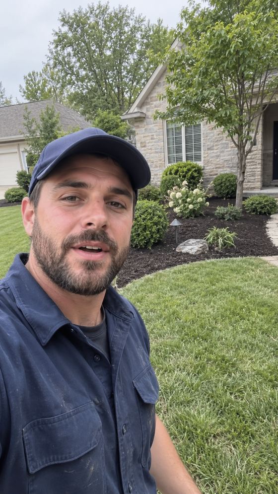 Raw, unedited phone video frame of a landscaper giving a project walkthrough in front of a freshly finished front yard.