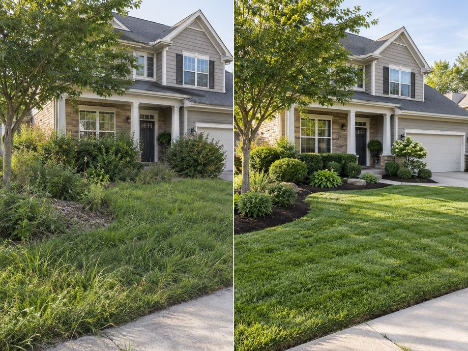 Side-by-side comparison of a front yard: overgrown grass and weedy garden beds next to the same yard with a manicured lawn, shaped shrubs, and fresh mulch.