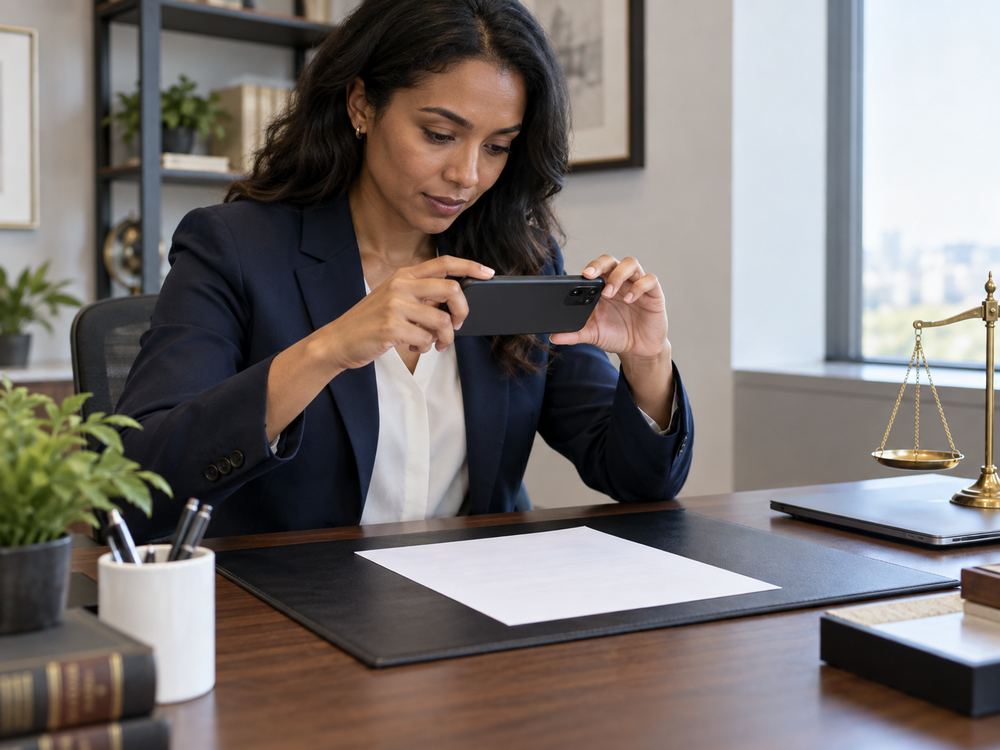 An attorney photographing a document with her phone at her desk, with scales of justice visible nearby.