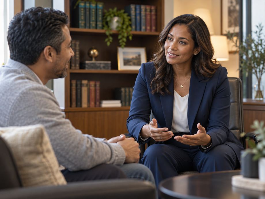 An attorney in a warm, engaged consultation with a client seated across from her in a law office lined with bookshelves.