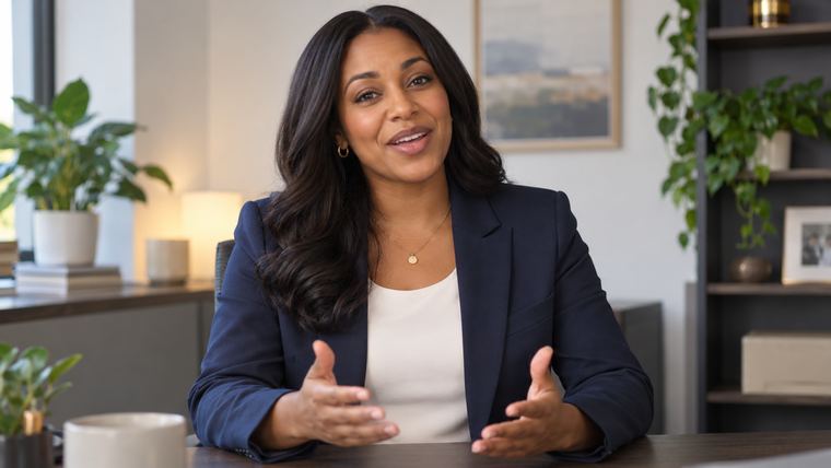 An attorney speaking directly and approachably, mid-explanation, in her office.
