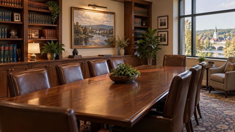 An elegant law firm conference room with built-in bookshelves, a landscape painting, and a river view through the window.