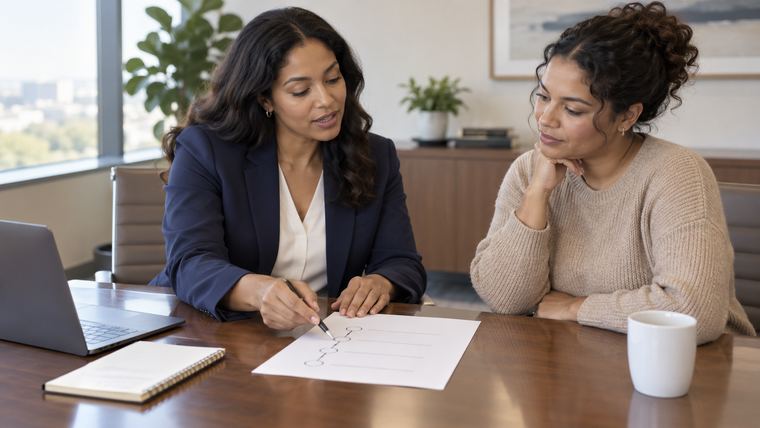 An attorney pointing at a printed process diagram while explaining it to a client seated beside her.