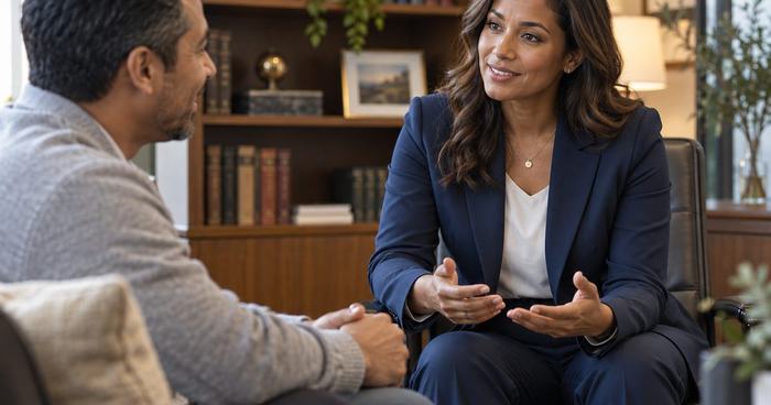 An attorney in a warm consultation with a client, both seated in a law office with bookshelves in the background.