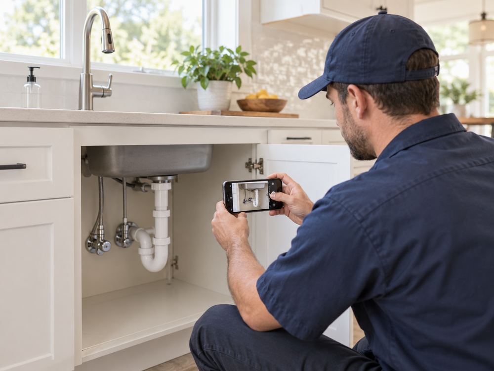 A plumber crouched under a kitchen sink photographing the pipe connections with his phone.